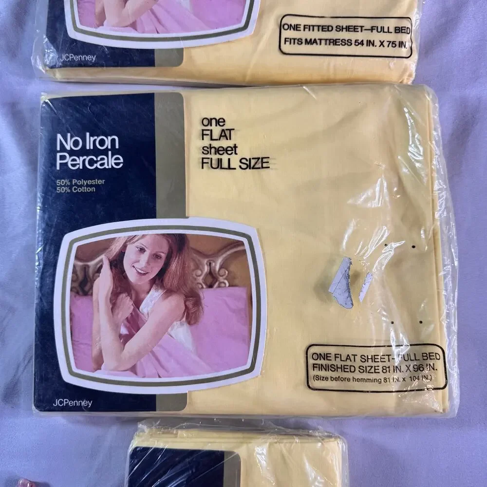 Vintage JCPenney Yellow Full Sheet Set Percale No Iron Pillowcases Fitted Flat